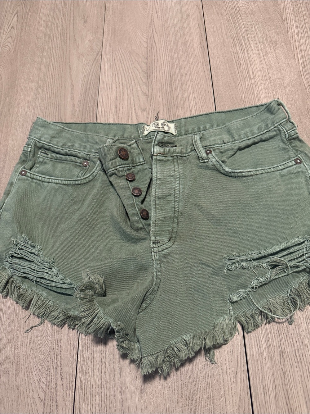 We The Free Sage Green High-Rise Distressed Jean Shorts